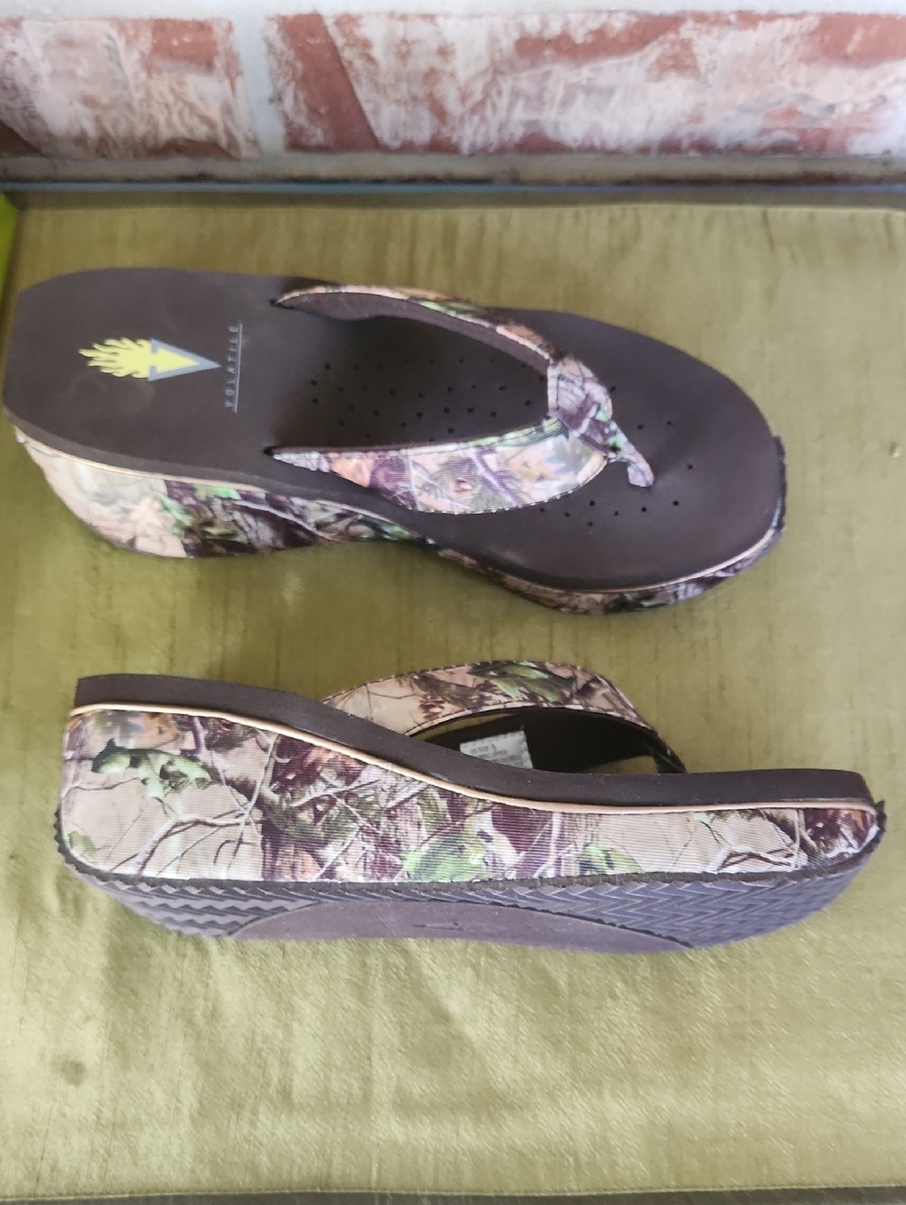 Volatile Brown Camo Wedge Flip Flops